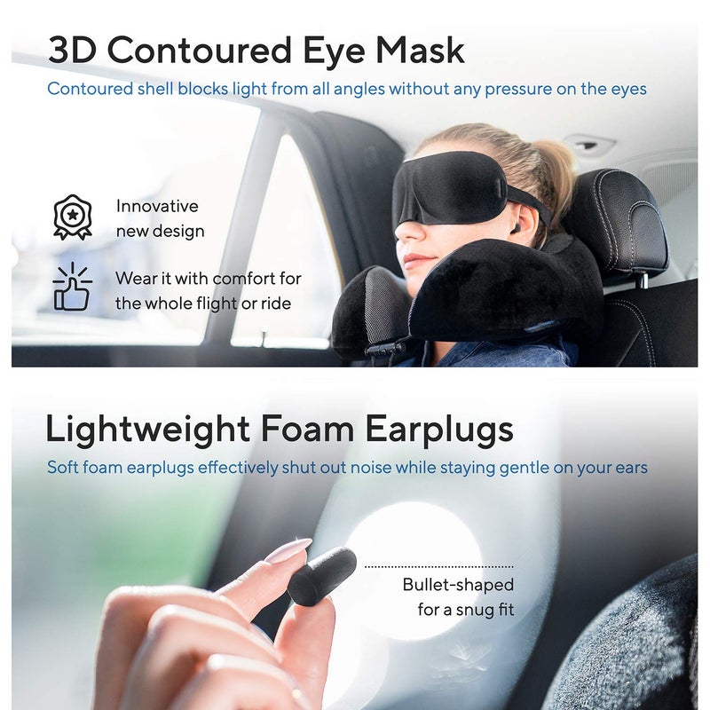 Proglobe Travel Blanket Luxury Travel Set - Ergonomic Airplane Neck Pillow 100% Pure Memory Foam and Super Soft Fleece Blanket - Premium 3D Sleep Mask & Earplugs - Ultimate 4-in-1 Traveling Kit Black - Image 5